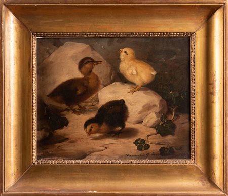 GUERILLOT INGANNI AMANZIA (1828 - 1905) Pulcini. 1873. Olio su tela . Cm...