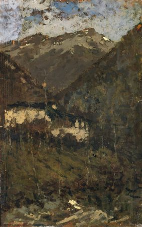 FILIPPINI FRANCESCO (1853 - 1895) Veduta montana con baite. Olio su tavola....