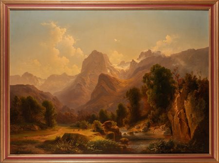 ARTISTA DEL XIX SECOLO Paesaggio alpino con personaggi. . 1859. Olio su tela...