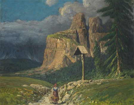 DOMENEGHINI FRANCESCO (1860 - 1950) Gruppo Sella, Dolomiti. . Olio su cartone...