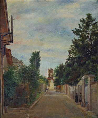 MARUSSIG PIERO (1879 - 1937) Viale con figure. Olio su masonite. Cm 45,00 x...