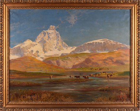 RODA LEONARDO (1868 - 1933) Paesaggio montano con armenti. . Olio su tela ....