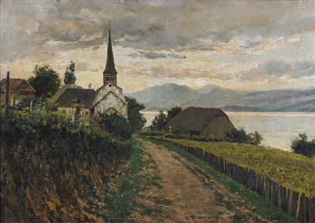 BRANCACCIO CARLO (1861 - 1920) Paesaggio con chiesa. . 1905. Olio su tela ....