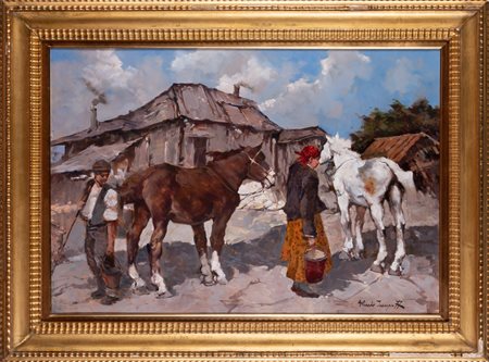 ISSUPOFF ALESSIO (1889 - 1957) Cavalli e contadini. . Olio su tela . Cm...