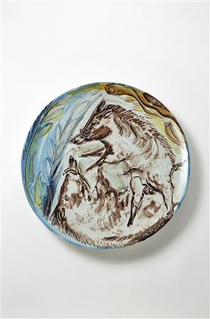 Mario Porcù (1917 - 2001)Grande piatto in ceramica smaltata in policromia...