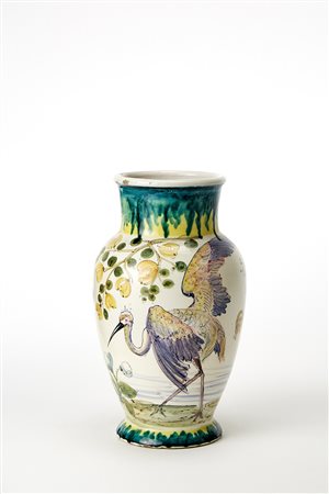 La Fenice Vaso a balaustro in ceramica smaltata a colature verdi e in...