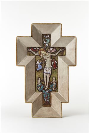 "Crocefisso"Rame smaltato in policromia montato in cornice rivestita in pelle...
