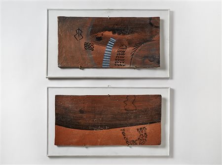 Sergio Dangelo (Milano 1932)Coppia di formelle in gres decorato con...