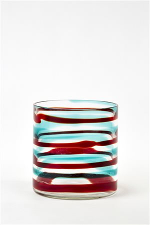 Venini Vaso cilindrico a fasce orizzontali in vetro trasparente rosso, verde,...