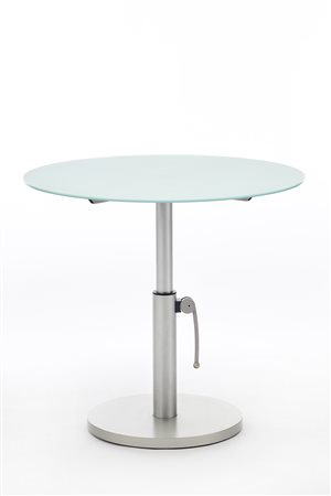 * Tavolino regolabile in altezza con piano circolare in vetro acidato e gamba...