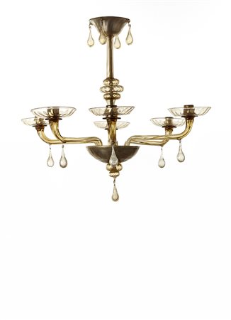 Manifattura di Murano ITA Lampadario a sei luci in vetro soffiato pagliesco....