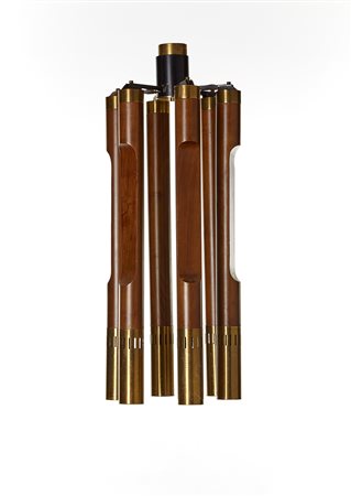 Esperia Lampada a sospensione a sei luci. Italia, anni '70. Legno, ottone e...