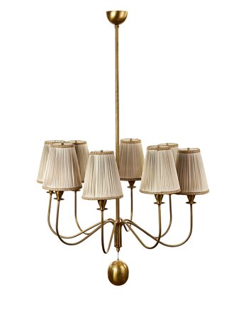 Lampada a sospensione a otto braccia in tubolare di ottone. Paralumi in...