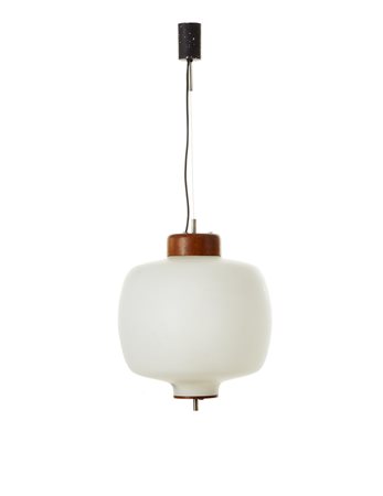 Reggiani (Attribuito)Lampada a sospensione con diffusore bulbiforme in vetro...
