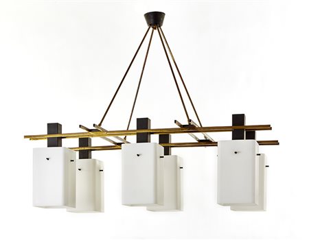 Stilux Lampadario a sei luci in ottone lucidato e laccato nero, alluminio...