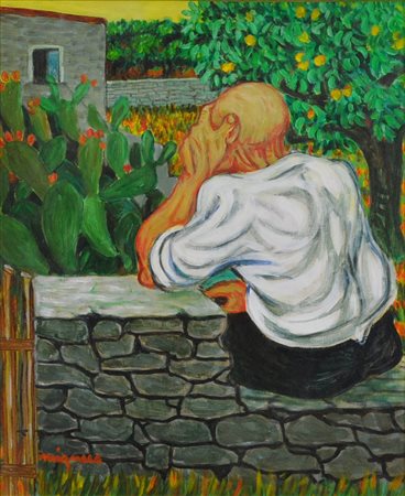 GIUSEPPE MIGNECO Pastore seduto Olio su tela Anni 70 Dim. 55x46 Opera...