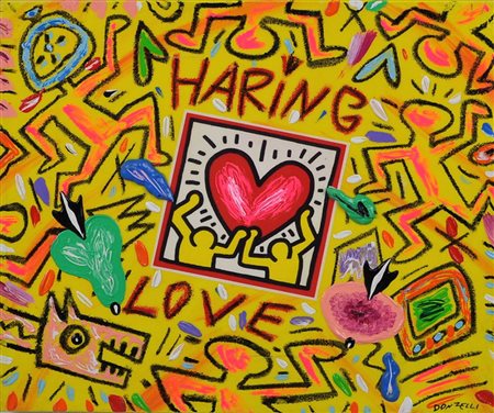 BRUNO DONZELLI Haring love Tecnica mista su tela Dim. 30x35 Autentica su foto...