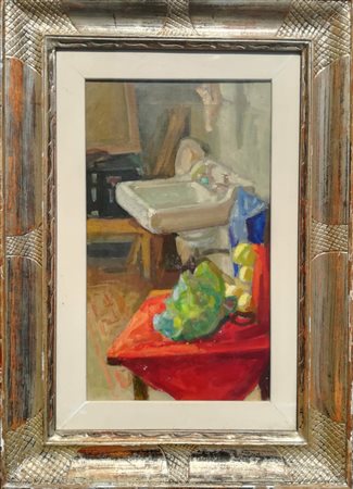 Nino Bertoletti Roma 1889 Roma 1971 “Interno” Olio su tela cm 47x28 Anno 1960...