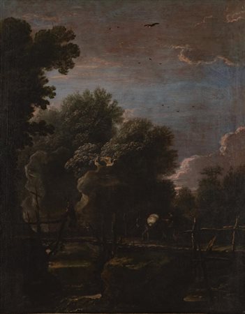 Scuola Veneta del XVIII secolo PAESAGGIO CON FIGURE olio su tela, cm 90x71