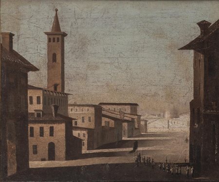 Scuola Veneta del XVIII secolo SCORCIO DI CITTÀ CON FIGURE olio su carta, cm...