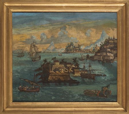 Artista del XVIII secolo MARINA CON VELIERI E FORTEZZA tempera su carta...