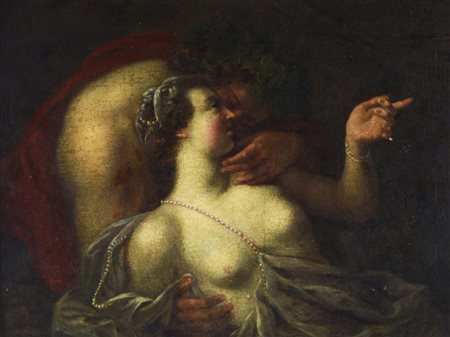 Luca Giordano (Scuola di) BACCO E ARIANNA olio su tavola, cm 17x22