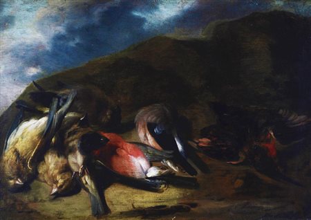 Scuola Italiana del XVII secolo NATURA MORTA CON CACCIAGIONE olio su tavola,...