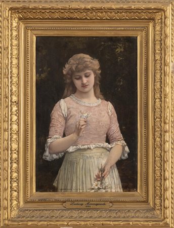 Ludwig Minnigerode FANCIULLA CON FIORI olio su tavola, cm 30x20 firmato...