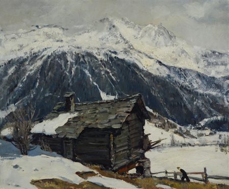 Carlo Musso VEDUTA ALPINA INNEVATA olio su cartone, cm 50x60 sul fronte:...