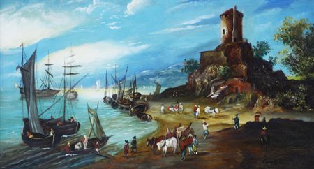 Van Olsen PAESAGGIO CON BARCHE olio su rame, cm 12,5x22,5