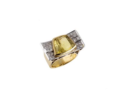 ANELLO IN ORO GIALLO, ORO BIANCO, PIETRA SEMI-PREZIOSA E DIAMANTI montatura a...