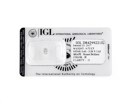 DIAMANTE DI CT 0.72 taglio brillante rotondo, colore H, purezza I1, entro...