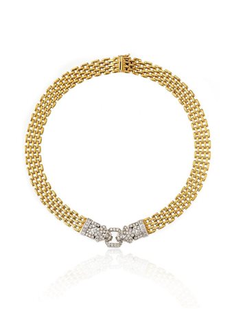 COLLANA IN ORO GIALLO, ORO BIANCO E DIAMANTI ad una linea di maglia...