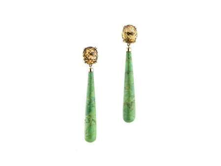 PAIO DI ORECCHINI IN ORO GIALLO, TURCHESI E QUARZI CITRINI ciascuno...