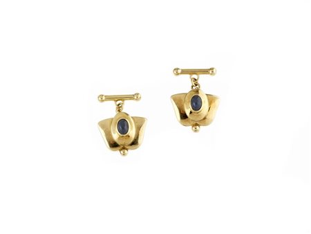 PAIO DI GEMELLI IN ORO GIALLO E ZAFFIRI, RITA GALLÉ, 1990 CIRCA di forma...