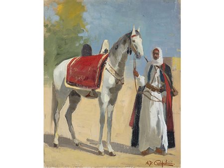 Alcide Davide Campestrii (1863-1940) Cavaliere del deserto 54x45,5 cm Olio su...