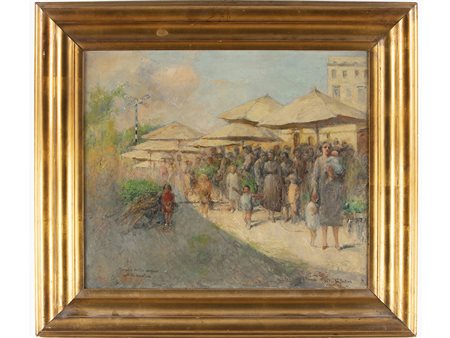 Giuseppe Pastina (1863-1942) Mercato della verdura via Casilina 50x60 cm Olio...