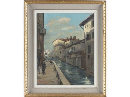 Firma illeggibile (XX secolo) Milano Via Olocati 50x40 cm Olio su tela