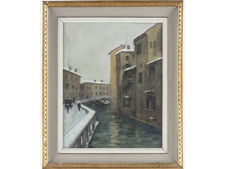 Firma illeggibile (XX secolo) Milano Via Vallone 50x40 cm Olio su tela