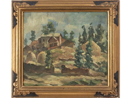 Anonimo (XX secolo) Paesaggio con casa e covoni 24x28 cm Olio su compensato