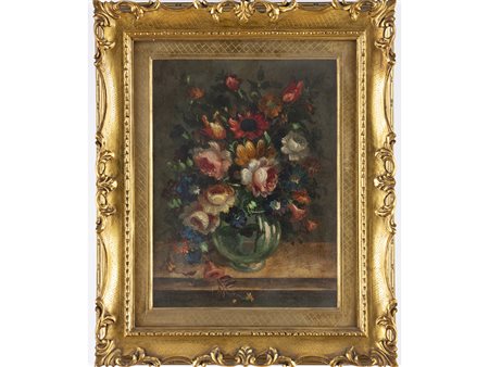 Cappuccio? (XX secolo) Vaso con fiori colorati 39x30,5 cm Olio su compensato