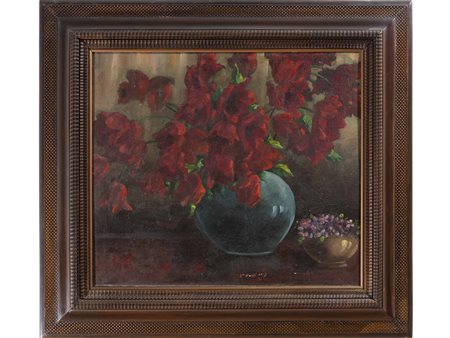 Anonimo (XX secolo) Fiori rossi 69x80 cm Olio su tela applicata a compensato