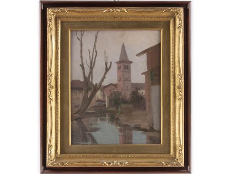 Fornari (XX secolo) Paesaggio con campanile 33x26,8 cm Olio su tavoletta