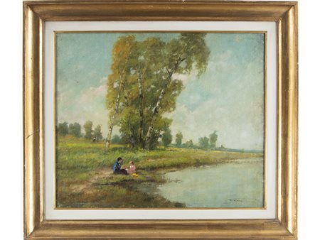 Firma illeggibile (XX secolo) Picnic sul lago 50x60 cm Olio su tela