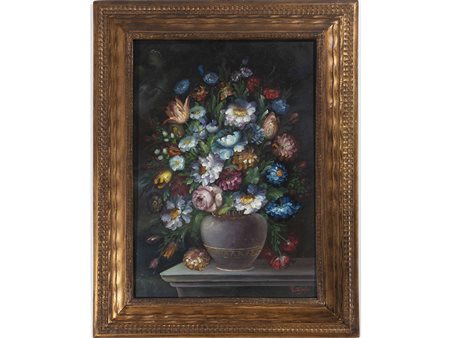 Firma illeggibile (XX secolo) Vaso con fiori 70x50 cm Olio su tela