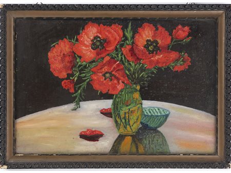 Anonimo (XX secolo) Vaso con papaveri 44x64,5 cm Olio su cartoncino