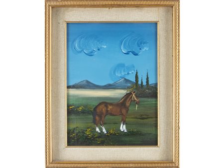 Firma illeggibile (XX secolo) Paesaggio con cavallo 40x30 cm Olio compesato