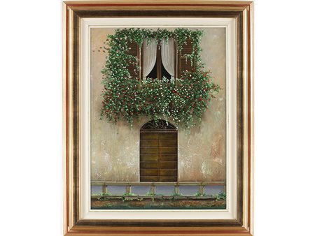Franc La Marca (XX secolo) Balcone fiorito 76x57 cm Olio su tela
