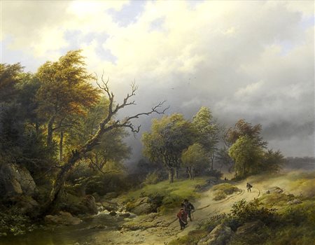 Maestro del XIX secolo "Fiume e bosco" cm. 75x100 - olio su tela (restauri)...
