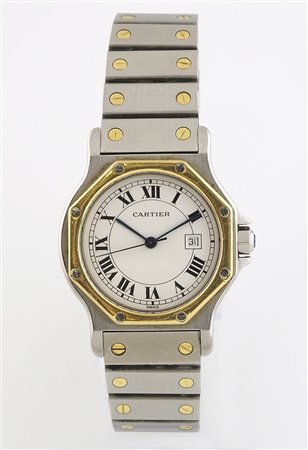 Cartier: orologio da polso in acciaio e oro con quadrante bianco e numeri...